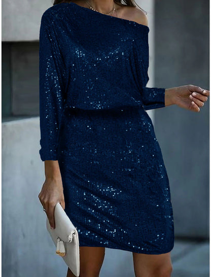 Women's Silver Sequin Dress Party Dress Sparkly Dress Christmas Cocktail Dress Midi Dress Silver Navy Blue Emerald Green Long Sleeve Sparkly Glitter Spring Fall Winter Cold Shoulder