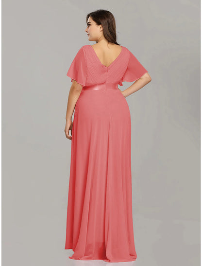 A-Line Mother of the Bride Dress Plus Size Elegant V Neck Floor Length Chiffon Short Sleeve with Sash / Ribbon Ruching