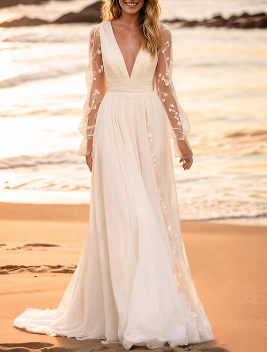 Beach Wedding Dresses A-Line V Neck Long Sleeve Floor Length Chiffon Bridal Gowns With Solid Color