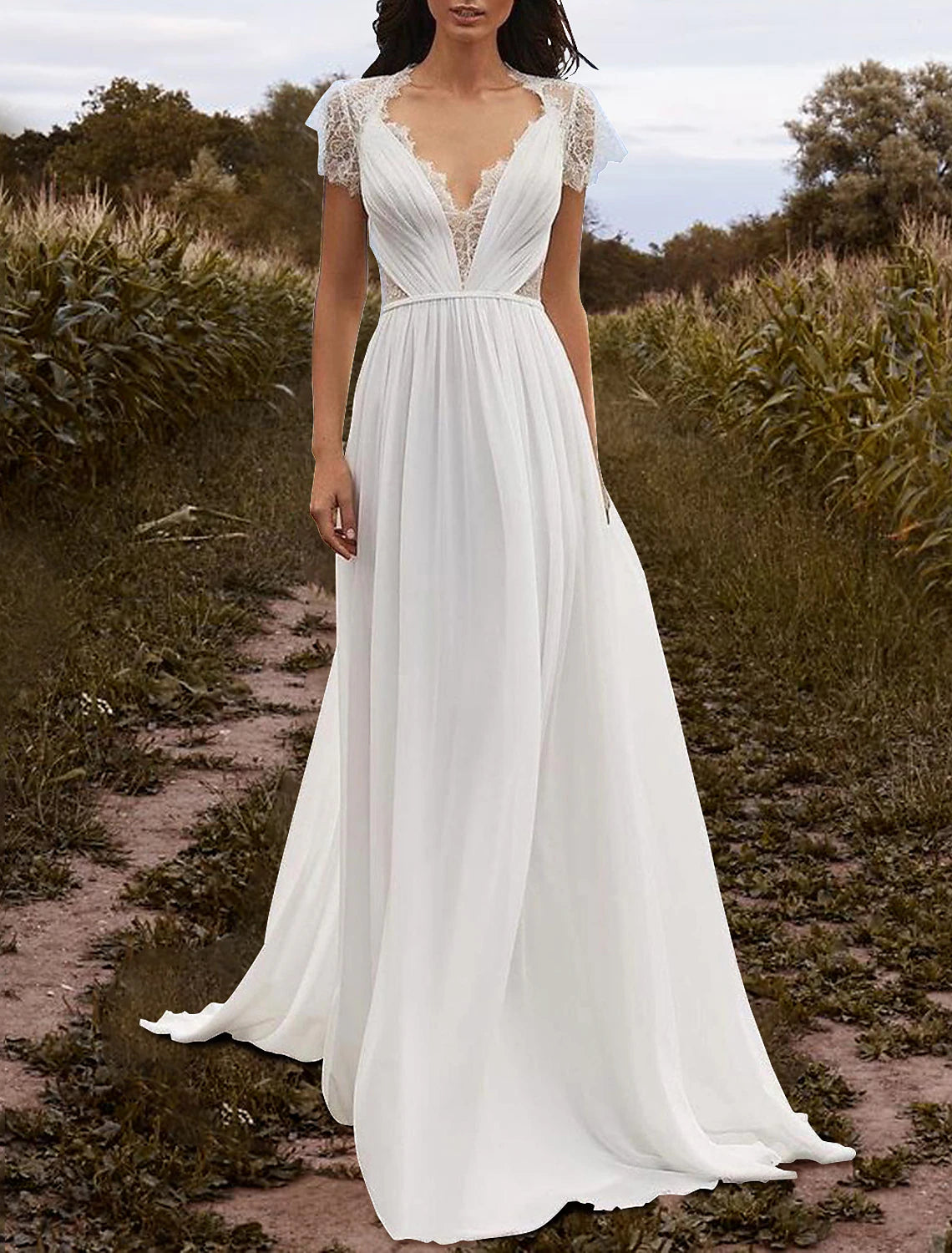 Beach Open Back Wedding Dresses A-Line V Neck Cap Sleeve Court Train Chiffon Bridal Gowns With Pleats