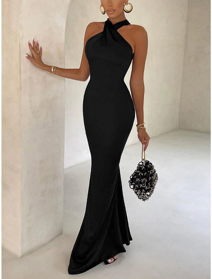 Women‘s Black Dress Prom Dress Party Dress Bodycon Sheath Dress Long Dress Maxi Dress Brown Green Sleeveless Backless Spring Halter Neck Fashion Evening Party Slim