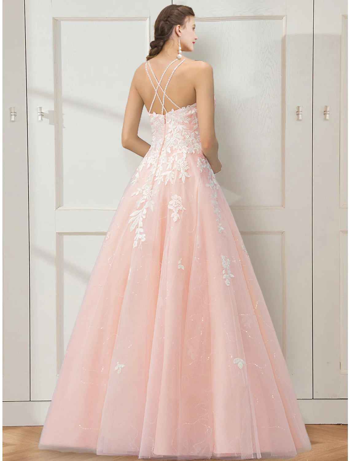 Ball Gown Prom Dresses Floral Dress Masquerade Prom Floor Length Sleeveless Spaghetti Strap Tulle Crisscross Back with Embroidery