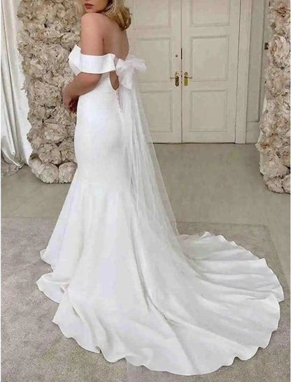 Reception Sexy Wedding Dresses Mermaid / Trumpet Off Shoulder Cap Sleeve Sweep / Brush Train Stretch Fabric Bridal Gowns With Solid Color