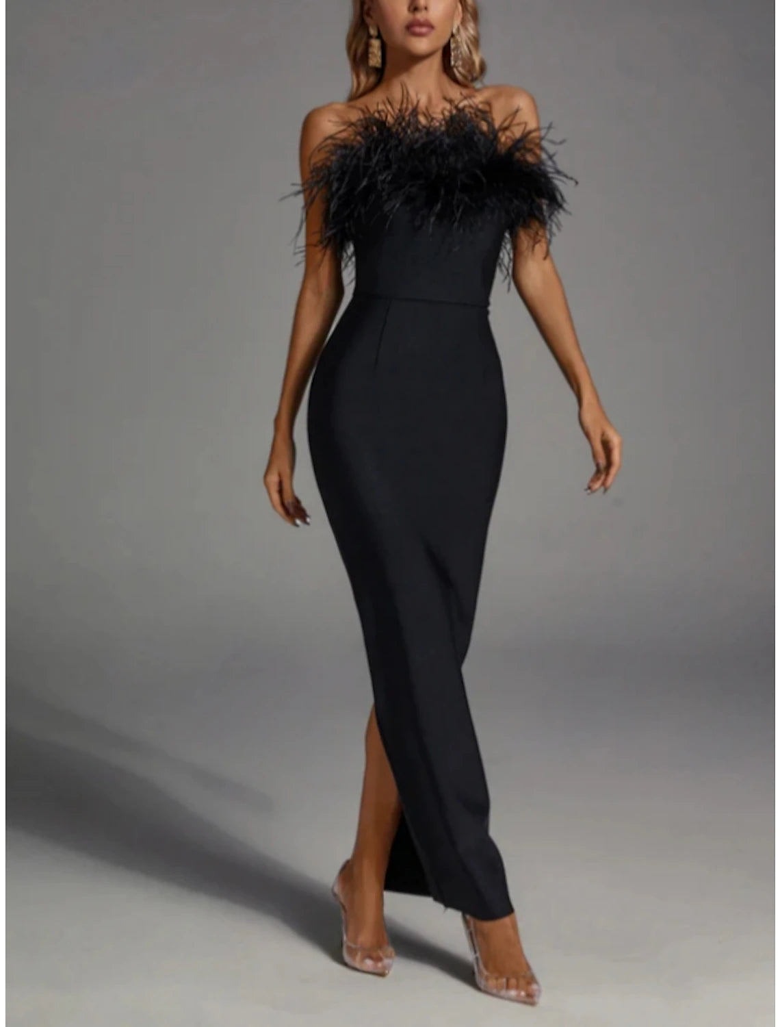 Sheath / Column Evening Gown Elegant Dress Formal Fall Ankle Length Sleeveless Strapless Stretch Fabric with Feather Slit