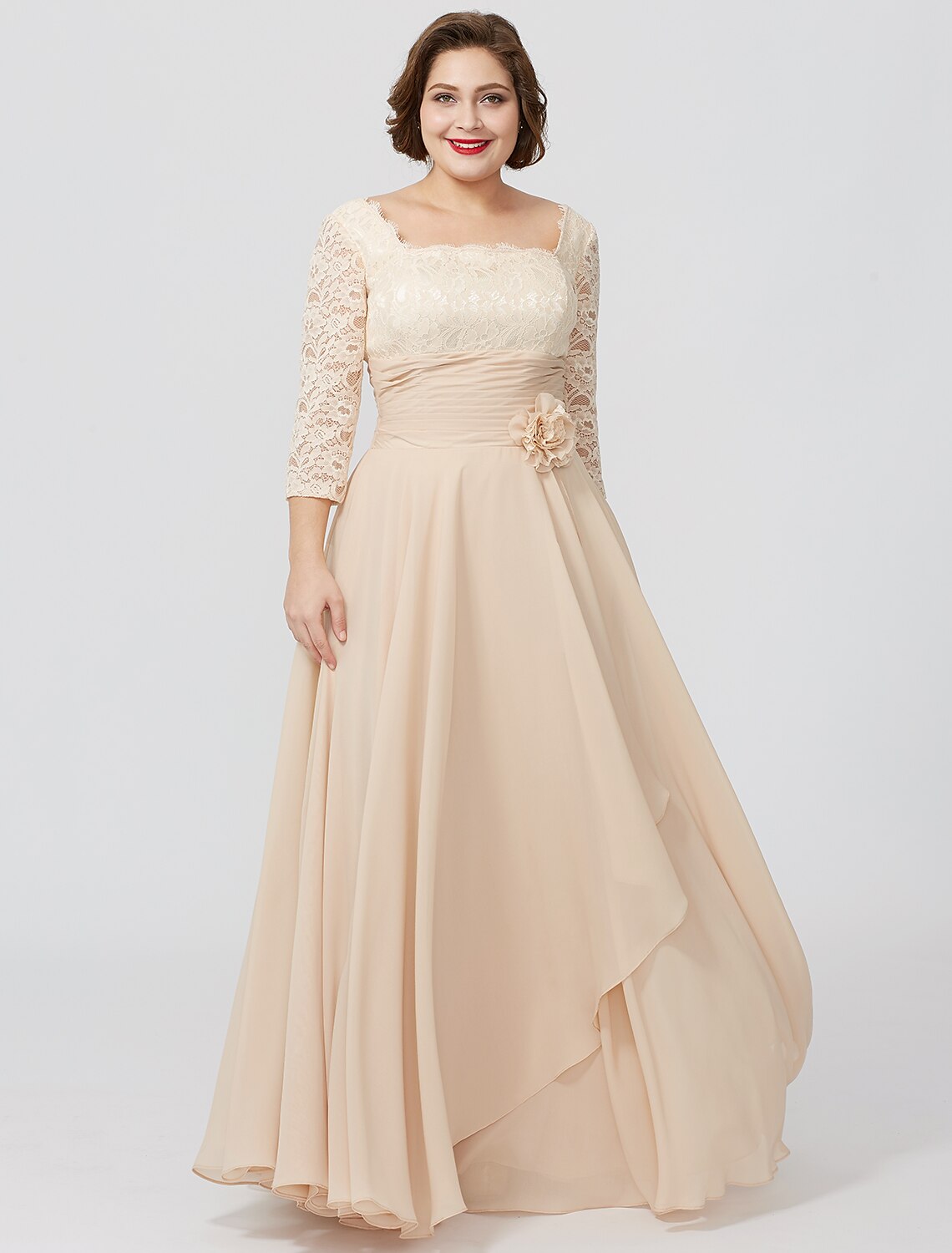 Sheath / Column Mother of the Bride Dress Formal Classic & Timeless Elegant & Luxurious Plus Size Square Neck Floor Length Chiffon Metallic Lace 3/4 Length Sleeve No with Sash / Ribbon Flower